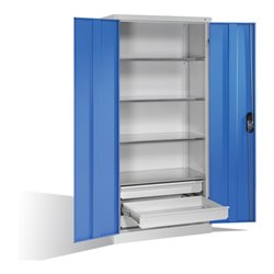 C+P Werkzeugschrank mit Drehtüren, 4 Böden und 3 Schübe, H1950xB930xT500mm Front Lichtblau Korpus Lichtgrau