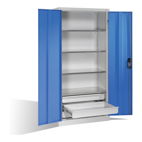 C+P Werkzeugschrank mit Drehtüren, 4 Böden und 3 Schübe, H1950xB930xT500mm Front Lichtblau Korpus Lichtgrau