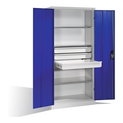 C+P Werkzeugschrank mit Drehtüren, 3 Böden und 3 Schübe, H1950xB930xT500mm Front Enzianblau Korpus Lichtgrau