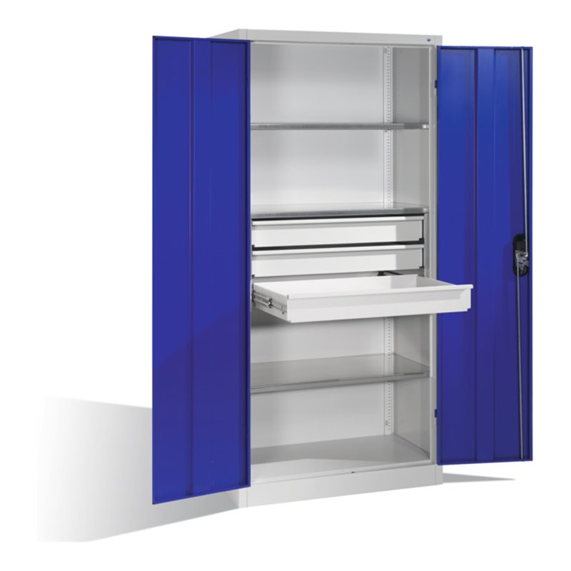C+P Werkzeugschrank mit Drehtüren, 3 Böden und 3 Schübe, H1950xB930xT500mm Front Enzianblau Korpus Lichtgrau