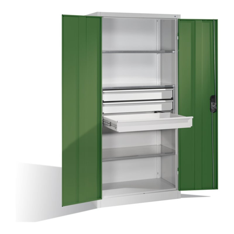 C+P Werkzeugschrank mit Drehtüren, 3 Böden und 3 Schübe, H1950xB930xT500mm Front Resedagrün Korpus Lichtgrau