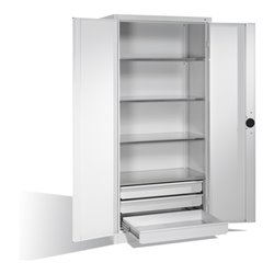 C+P Schwerlastschrank mit Drehtüren, 4 Böden und 3 Schübe, H1950xB930xT500mm Front Lichtgrau Korpus Lichtgrau