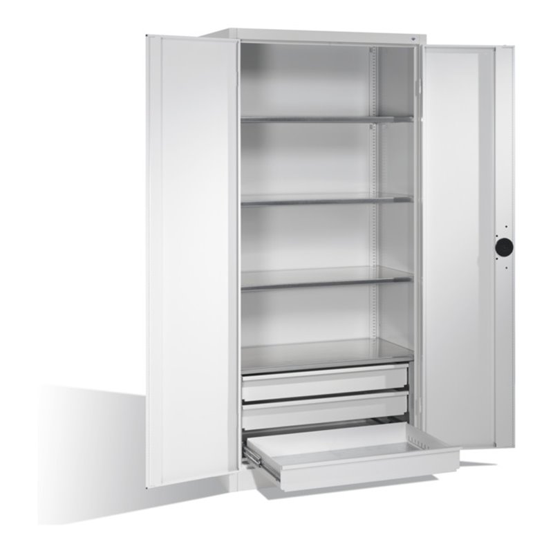 C+P Schwerlastschrank mit Drehtüren, 4 Böden und 3 Schübe, H1950xB930xT500mm Front Lichtgrau Korpus Lichtgrau