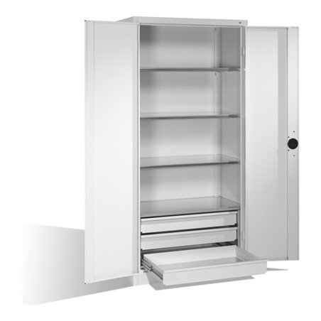 C+P Schwerlastschrank mit Drehtüren, 4 Böden und 3 Schübe, H1950xB930xT500mm Front Lichtgrau Korpus Lichtgrau