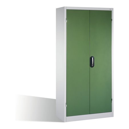 C+P Schwerlastschrank mit Drehtüren, 4 Böden und 3 Schübe, H1950xB930xT500mm Front Resedagrün Korpus Lichtgrau