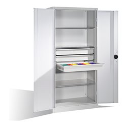 C+P Schwerlastschrank mit Drehtüren, 3 Böden und 3 Schübe, H1950xB930xT500mm Front Lichtgrau Korpus Lichtgrau