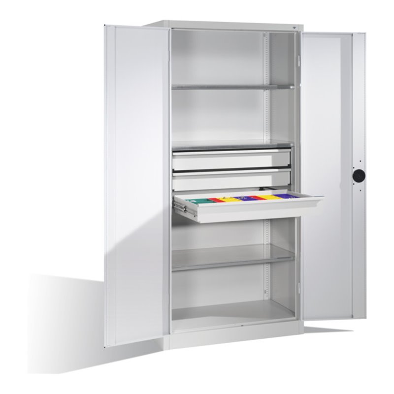 C+P Schwerlastschrank mit Drehtüren, 3 Böden und 3 Schübe, H1950xB930xT500mm Front Lichtgrau Korpus Lichtgrau