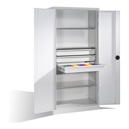 C+P Schwerlastschrank mit Drehtüren, 3 Böden und 3 Schübe, H1950xB930xT500mm Front Lichtgrau Korpus Lichtgrau