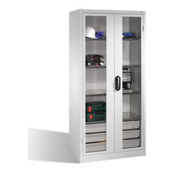 C+P Werkzeugschrank, Sichtfenster-Drehtüren, 4 Böden, 3 Schübe, H1950xB930xT500mm Front Lichtgrau Korpus Lichtgrau