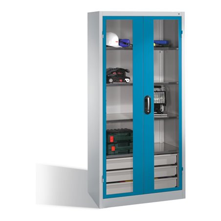 C+P Werkzeugschrank, Sichtfenster-Drehtüren, 4 Böden, 3 Schübe, H1950xB930xT500mm Front Lichtblau Korpus Lichtgrau