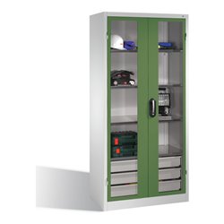 C+P Werkzeugschrank, Sichtfenster-Drehtüren, 4 Böden, 3 Schübe, H1950xB930xT500mm Front Resedagrün Korpus Lichtgrau