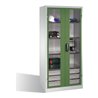 C+P Werkzeugschrank, Sichtfenster-Drehtüren, 4 Böden, 3 Schübe, H1950xB930xT500mm Front Resedagrün Korpus Lichtgrau