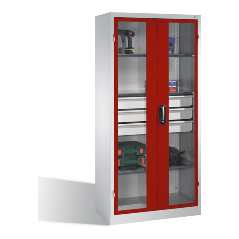 C+P Werkzeugschrank, Sichtfenster-Drehtüren, 3 Böden, 3 Schübe, H1950xB930xT500mm Front Rubinrot Korpus Lichtgrau