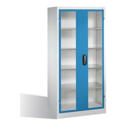 C+P Werkzeugschrank mit Sichtfenster-Drehtüren, innen 4 Böden, H1950xB930xT600mm Front Lichtblau Korpus Lichtgrau