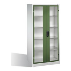 C+P Werkzeugschrank mit Sichtfenster-Drehtüren, innen 4 Böden, H1950xB930xT600mm Front Resedagrün Korpus Lichtgrau