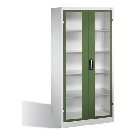 C+P Werkzeugschrank mit Sichtfenster-Drehtüren, innen 4 Böden, H1950xB930xT600mm Front Resedagrün Korpus Lichtgrau