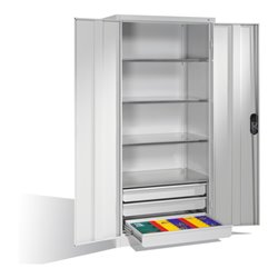 C+P Werkzeugschrank mit Drehtüren, 4 Böden und 3 Schübe, H1950xB930xT600mm Front Lichtgrau Korpus Lichtgrau