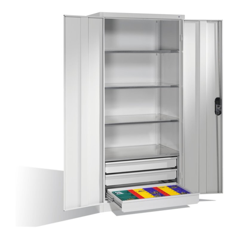 C+P Werkzeugschrank mit Drehtüren, 4 Böden und 3 Schübe, H1950xB930xT600mm Front Lichtgrau Korpus Lichtgrau