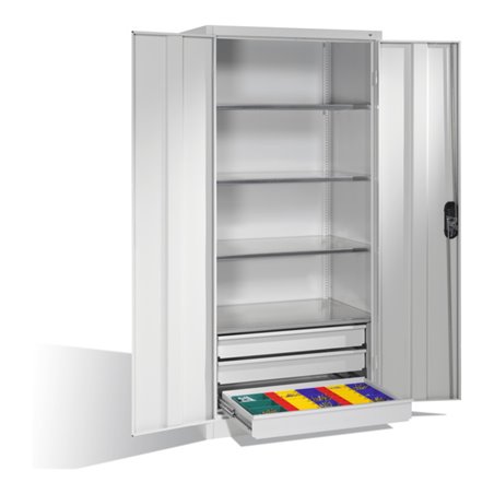 C+P Werkzeugschrank mit Drehtüren, 4 Böden und 3 Schübe, H1950xB930xT600mm Front Lichtgrau Korpus Lichtgrau