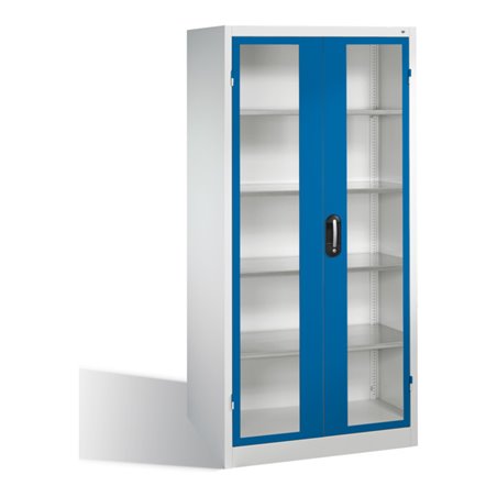 C+P Werkzeugschrank mit Sichtfenster-Drehtüren, innen 4 Böden, H1950xB930xT600mm Front Enzianblau Korpus Lichtgrau