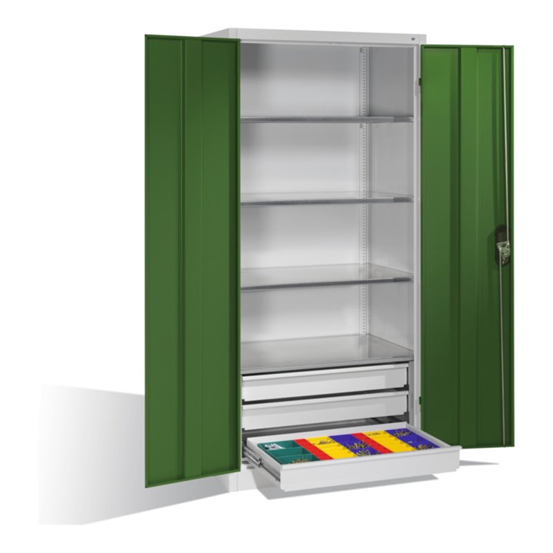 C+P Werkzeugschrank mit Drehtüren, 4 Böden und 3 Schübe, H1950xB930xT600mm Front Resedagrün Korpus Lichtgrau