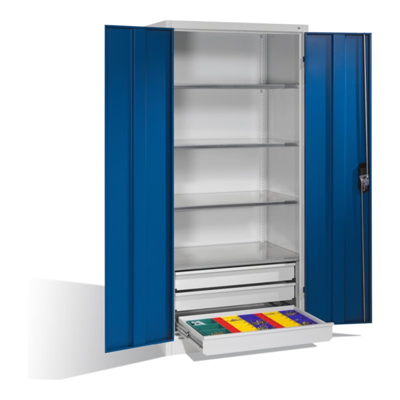 C+P Werkzeugschrank mit Drehtüren, 4 Böden und 3 Schübe, H1950xB930xT600mm Front Enzianblau Korpus Lichtgrau