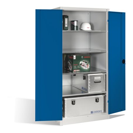 C+P Schwerlast-Werkzeugschrank XXL mit Drehtüren, innen 4 Böden, H1950xB930xT800mm Front Enzianblau Korpus Lichtgrau