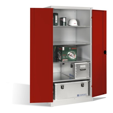 C+P Schwerlast-Werkzeugschrank XXL mit Drehtüren, innen 4 Böden, H1950xB930xT800mm Front Rubinrot Korpus Lichtgrau