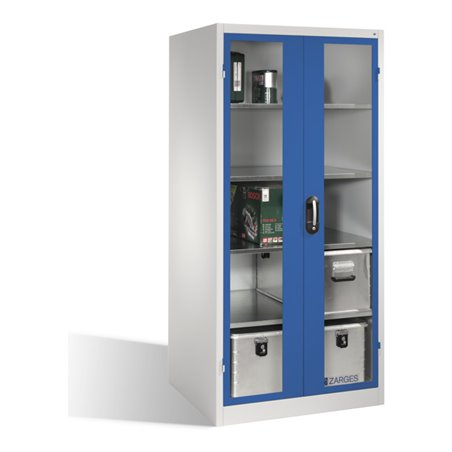 C+P Werkzeugschrank XXL mit Sichtfenster-Drehtüren, innen 4 Böden, H1950xB930xT800mm Front Enzianblau Korpus Lichtgrau