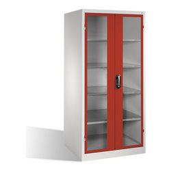 C+P Werkzeugschrank XXL mit Sichtfenster-Drehtüren, innen 4 Böden, H1950xB930xT800mm Front Rubinrot Korpus Lichtgrau