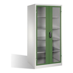 C+P Werkzeugschrank XXL mit Sichtfenster-Drehtüren, innen 4 Böden, H1950xB930xT800mm Front Resedagrün Korpus Lichtgrau