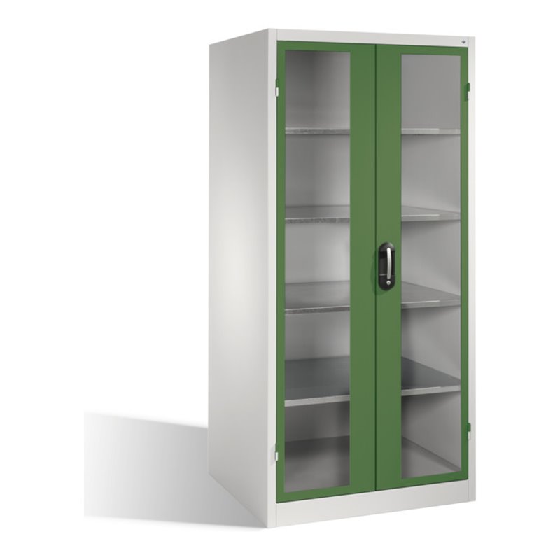 C+P Werkzeugschrank XXL mit Sichtfenster-Drehtüren, innen 4 Böden, H1950xB930xT800mm Front Resedagrün Korpus Lichtgrau