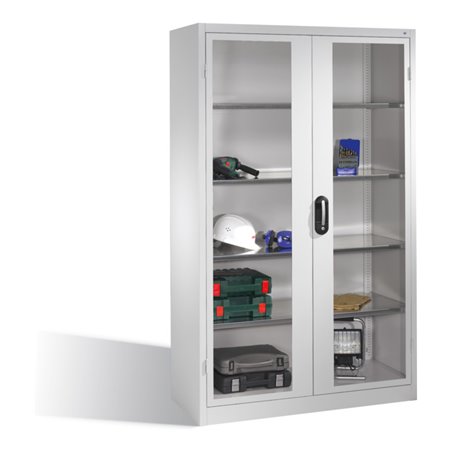 C+P Werkzeugschrank mit Sichtfenster-Drehtüren, innen 4 Böden, H1950xB1200xT500mm Front Lichtgrau Korpus Lichtgrau