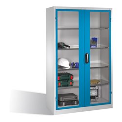 C+P Werkzeugschrank mit Sichtfenster-Drehtüren, innen 4 Böden, H1950xB1200xT500mm Front Lichtblau Korpus Lichtgrau