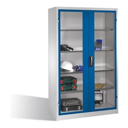 C+P Werkzeugschrank mit Sichtfenster-Drehtüren, innen 4 Böden, H1950xB1200xT500mm Front Enzianblau Korpus Lichtgrau