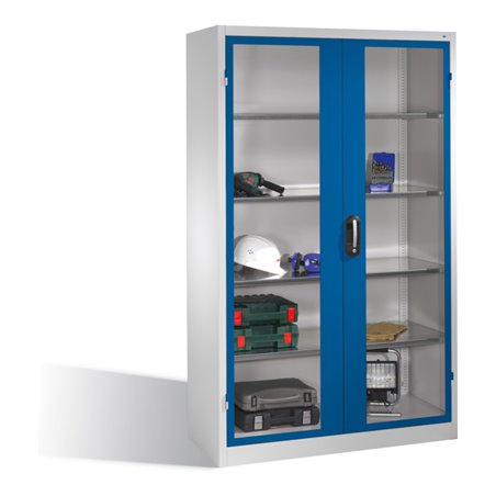 C+P Werkzeugschrank mit Sichtfenster-Drehtüren, innen 4 Böden, H1950xB1200xT500mm Front Enzianblau Korpus Lichtgrau