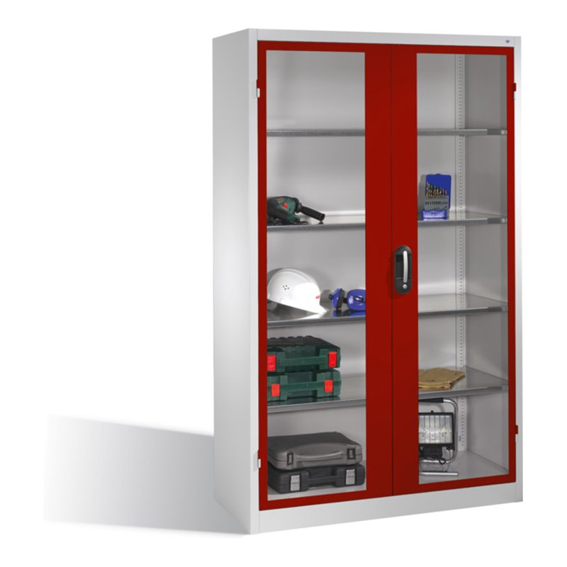 C+P Werkzeugschrank mit Sichtfenster-Drehtüren, innen 4 Böden, H1950xB1200xT500mm Front Rubinrot Korpus Lichtgrau
