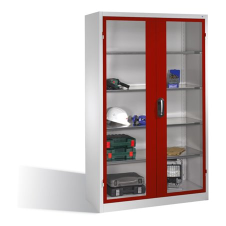 C+P Werkzeugschrank mit Sichtfenster-Drehtüren, innen 4 Böden, H1950xB1200xT500mm Front Rubinrot Korpus Lichtgrau
