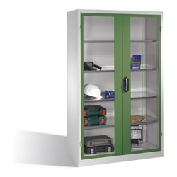 C+P Werkzeugschrank mit Sichtfenster-Drehtüren, innen 4 Böden, H1950xB1200xT500mm Front Resedagrün Korpus Lichtgrau
