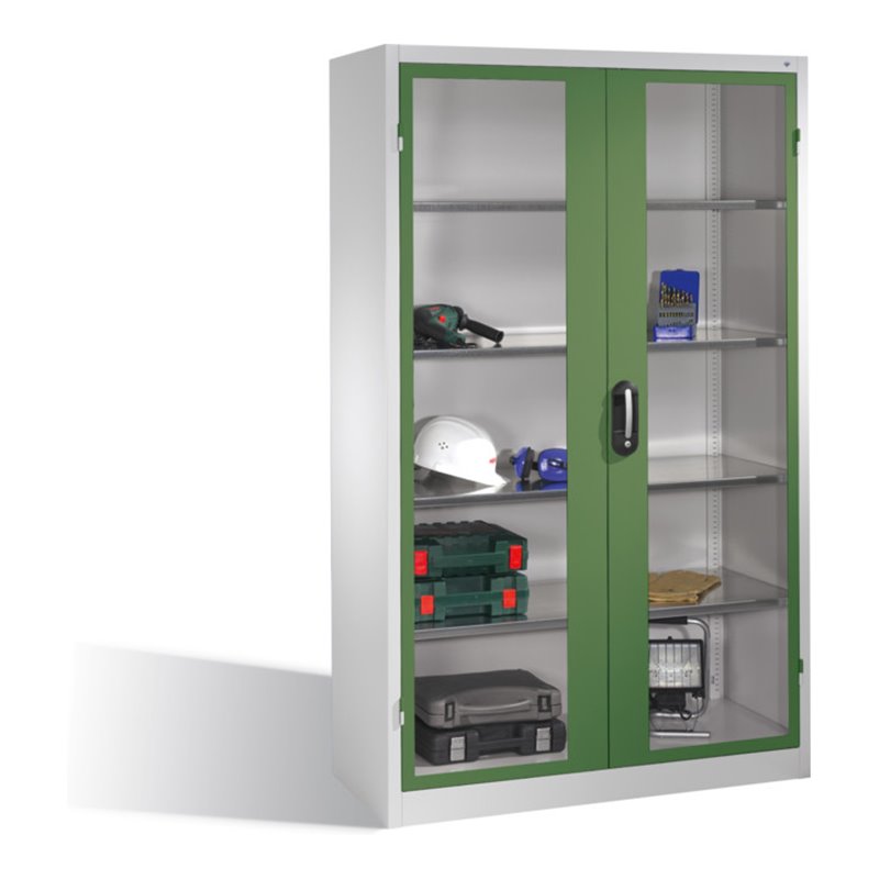 C+P Werkzeugschrank mit Sichtfenster-Drehtüren, innen 4 Böden, H1950xB1200xT500mm Front Resedagrün Korpus Lichtgrau