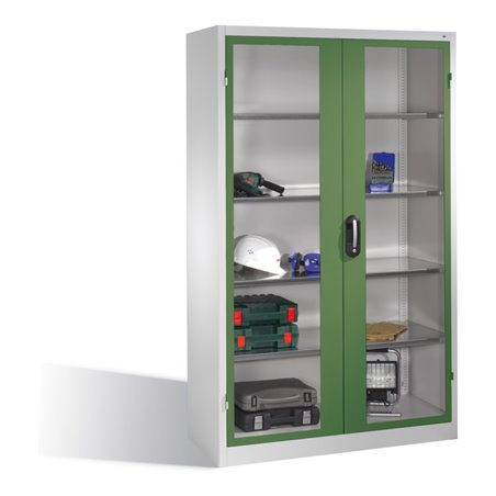 C+P Werkzeugschrank mit Sichtfenster-Drehtüren, innen 4 Böden, H1950xB1200xT500mm Front Resedagrün Korpus Lichtgrau
