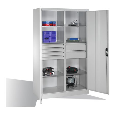 C+P Werkzeugschrank mit Drehtüren, 6 Böden, 6 Schübe, H1950xB1200xT500mm, Lichtgrau