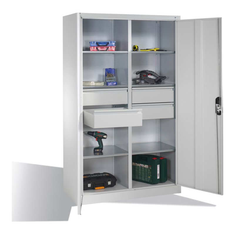 C+P Werkzeugschrank mit Drehtüren, 6 Böden, 4 Schübe, H1950xB1200xT500mm Front Lichtgrau Korpus Lichtgrau