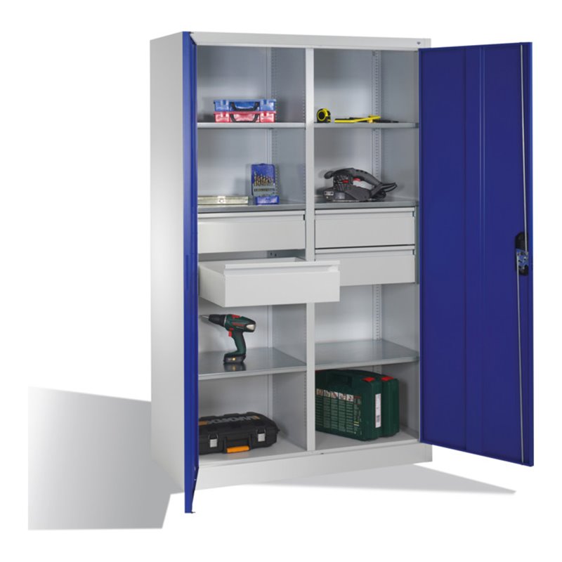 C+P Werkzeugschrank mit Drehtüren, 6 Böden, 4 Schübe, H1950xB1200xT500mm Front Enzianblau Korpus Lichtgrau