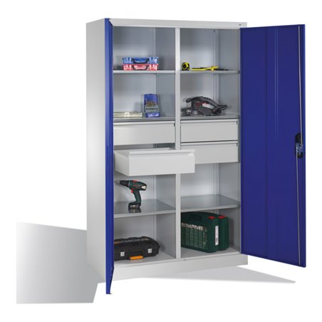 C+P Werkzeugschrank mit Drehtüren, 6 Böden, 4 Schübe, H1950xB1200xT500mm Front Enzianblau Korpus Lichtgrau