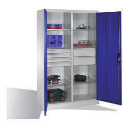 C+P Werkzeugschrank mit Drehtüren, 6 Böden, 6 Schübe, H1950xB1200xT500mm, Lichtgrau/Enzianblau