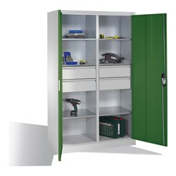 C+P Werkzeugschrank mit Drehtüren, 6 Böden, 4 Schübe, H1950xB1200xT500mm Front Resedagrün Korpus Lichtgrau