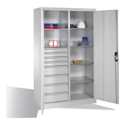 C+P Werkzeugschrank mit Drehtüren, 6 Böden, 8 Schübe, H1950xB1200xT500mm, Lichtgrau
