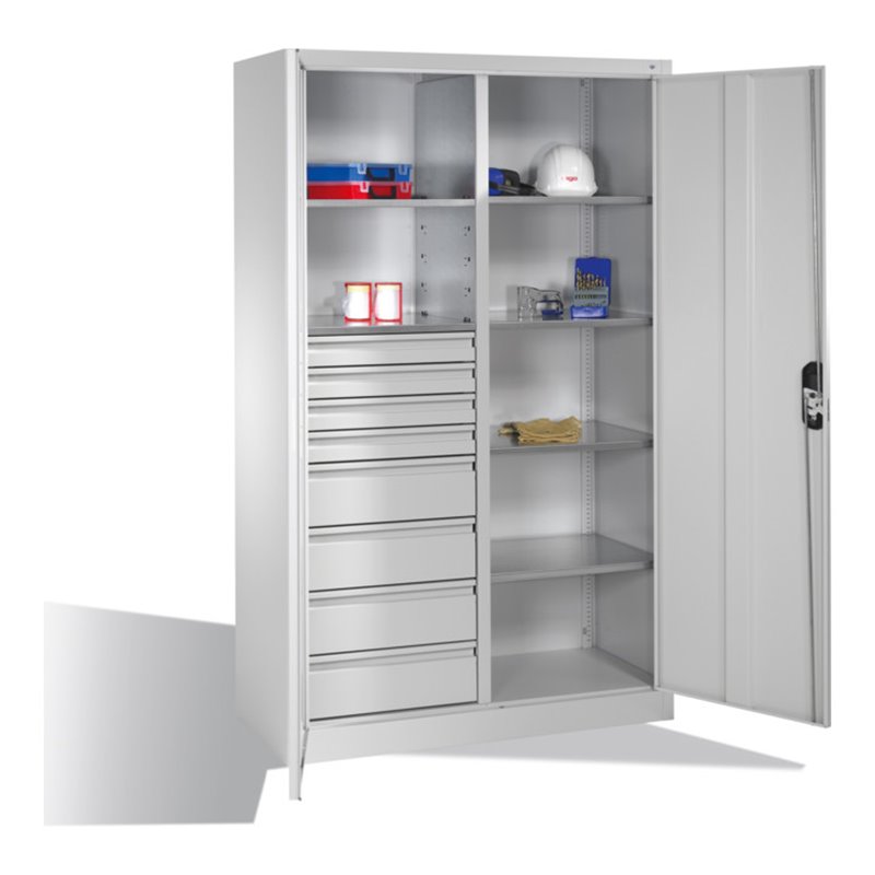 C+P Werkzeugschrank mit Drehtüren, 6 Böden, 8 Schübe, H1950xB1200xT500mm, Lichtgrau
