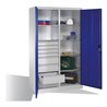 C+P Werkzeugschrank mit Drehtüren, 6 Böden, 8 Schübe, H1950xB1200xT500mm, Lichtgrau/Enzianblau